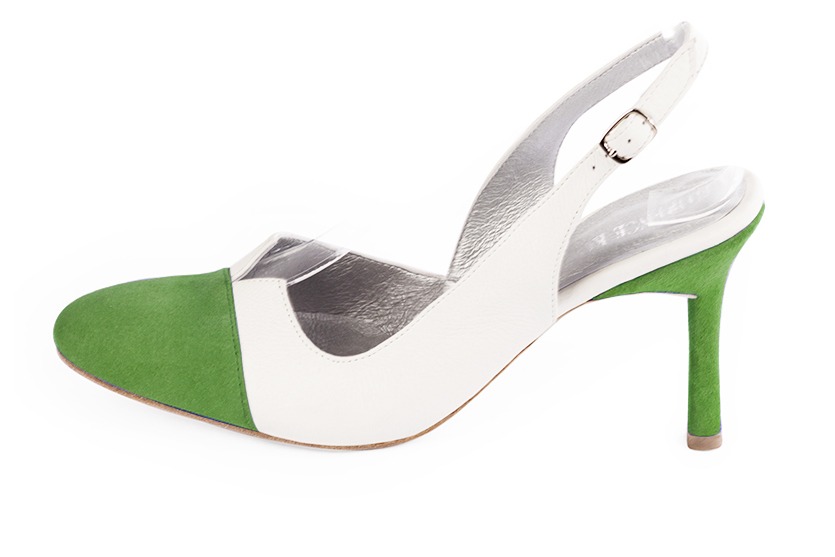 Grass green and off white women's slingback shoes. Round toe. Very high slim heel. Profile view - Florence KOOIJMAN